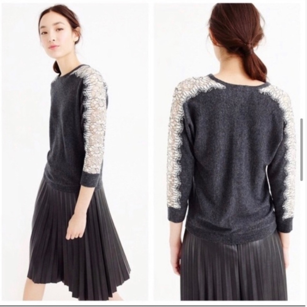 J. Crew Sweater lace sleeve gray ivory - small